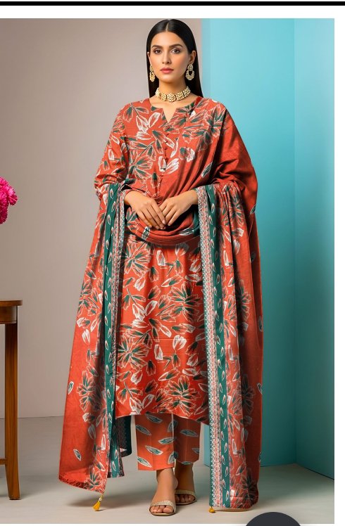 Rust Floral Printed 3-Piece Lawn Suit
