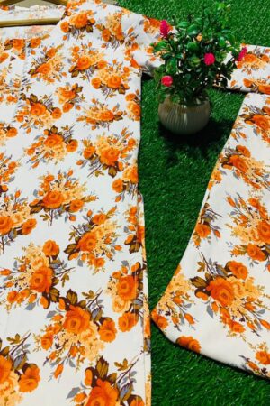 : Elegant White & Orange Floral Khaddar Suit – Winter Collection