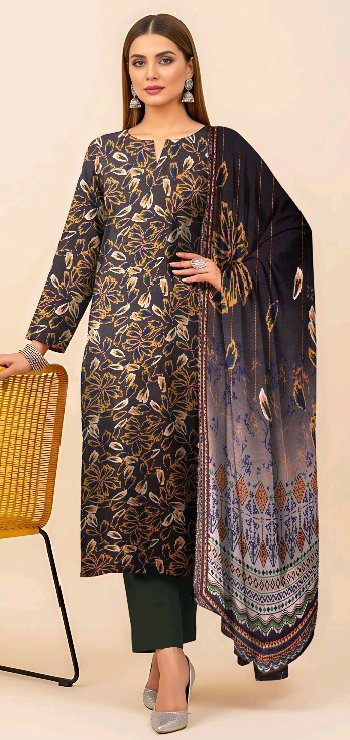 Midnight Blue & Gold Printed Linan Suit